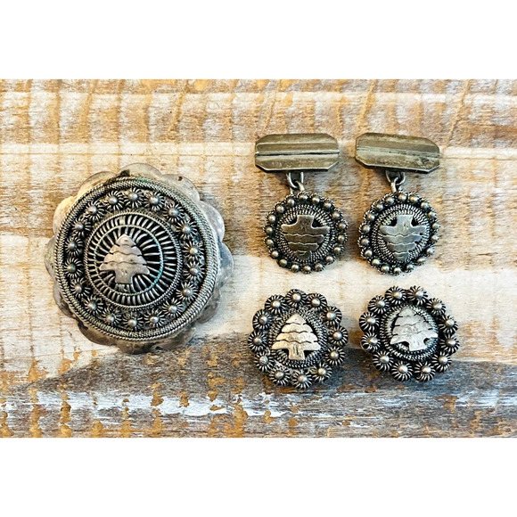 Antique 5 pcs 850 Silver Cannetille Filigree Brooch Cufflinks Earrings Arrow - Picture 1 of 8